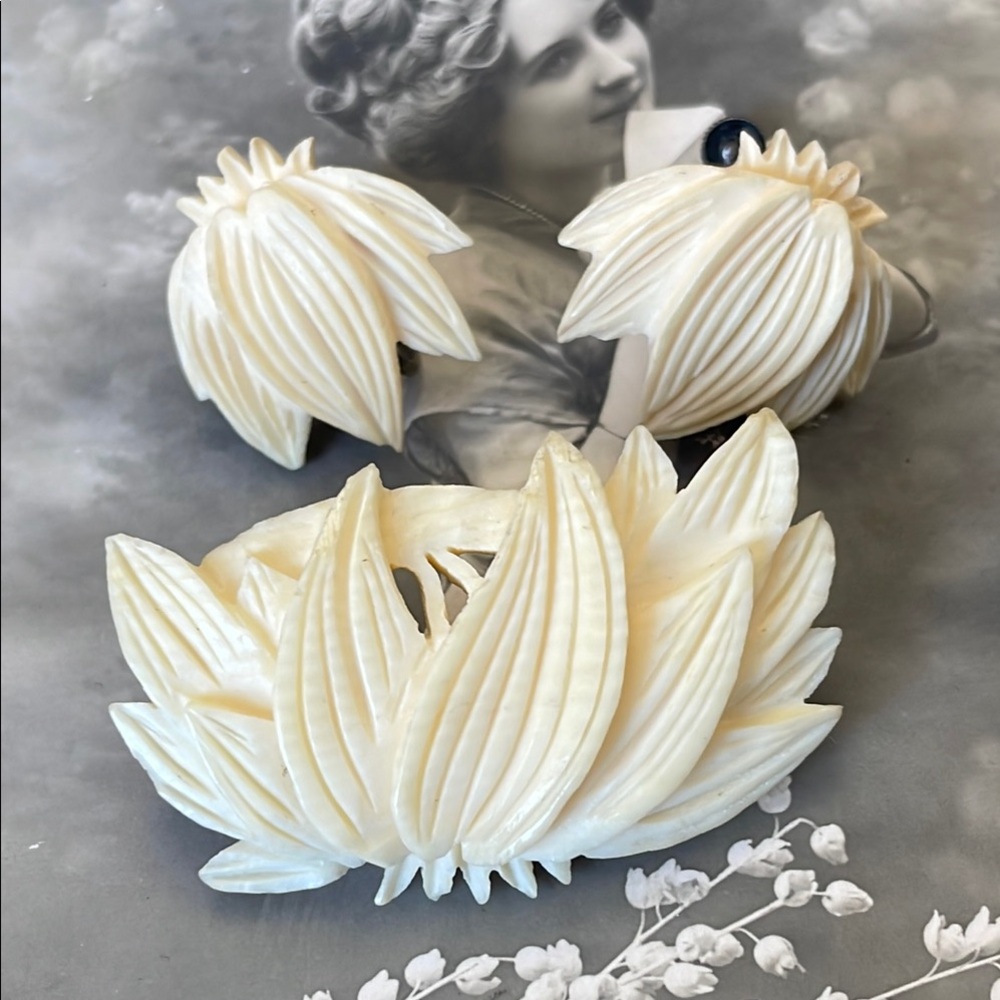 Antique Carved French Ivory Celluloid Brooch & Earrings Sterling Silver Signed